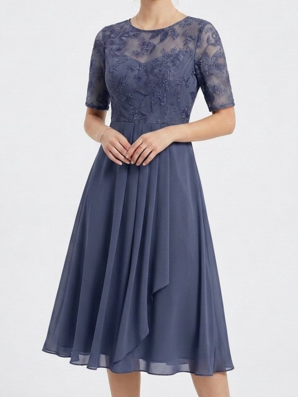 NWT ShallWe Slate Blue Floral Lace Illusion A-Line Dress Size S Small